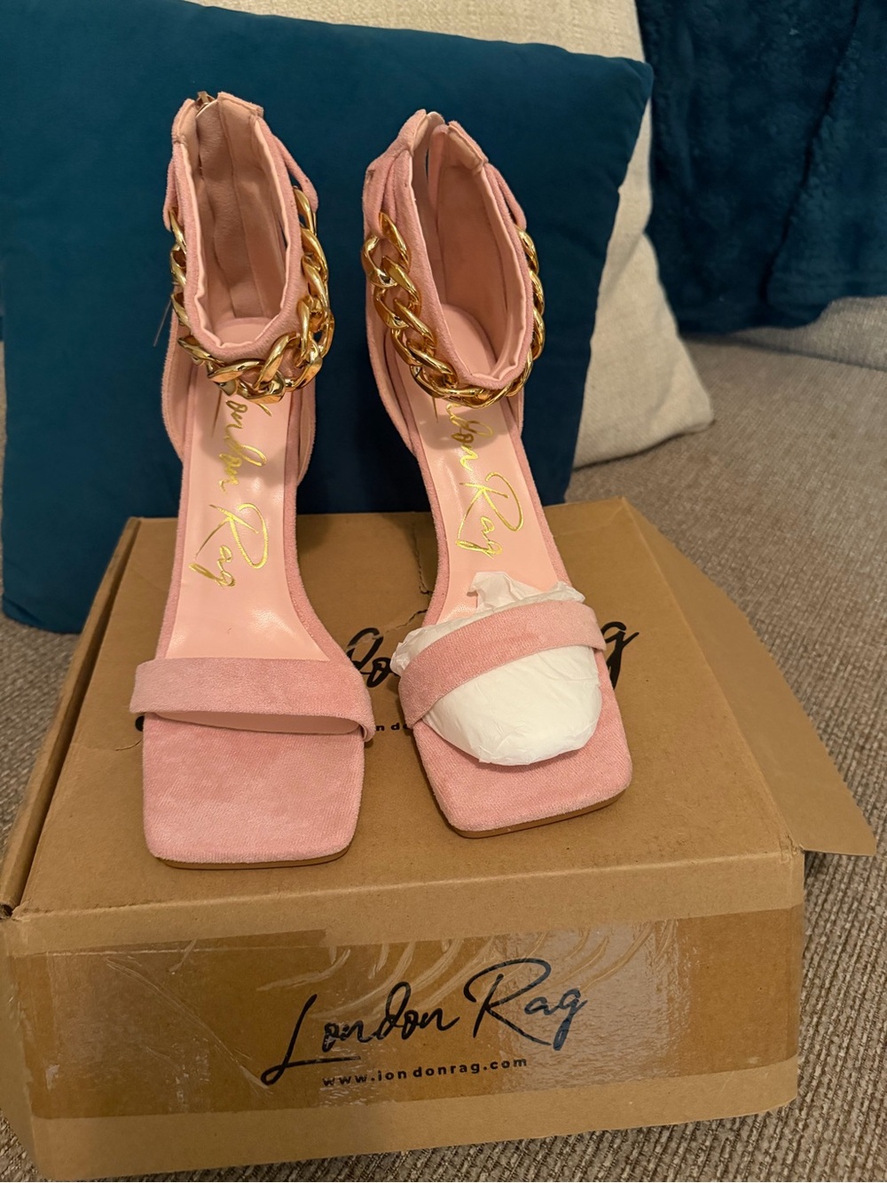 NEW! London Rag Pink Suede Heeled Sandals with Gold Chain Ankle